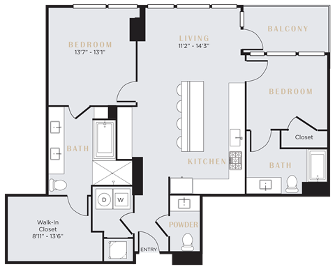 Floor plan for 2 beds, 2.5 baths, 1326 sqft